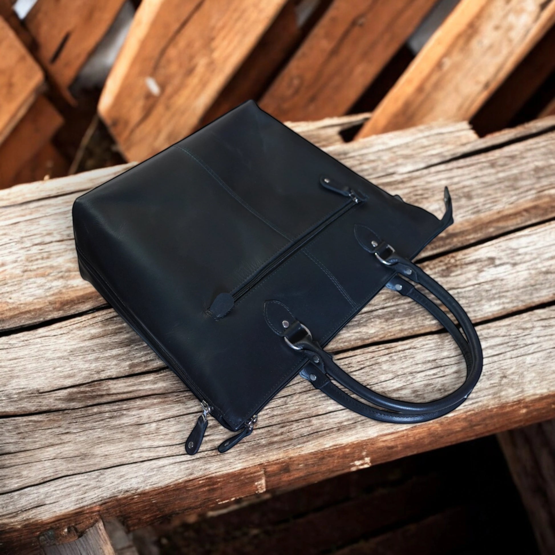 black leather tote bag